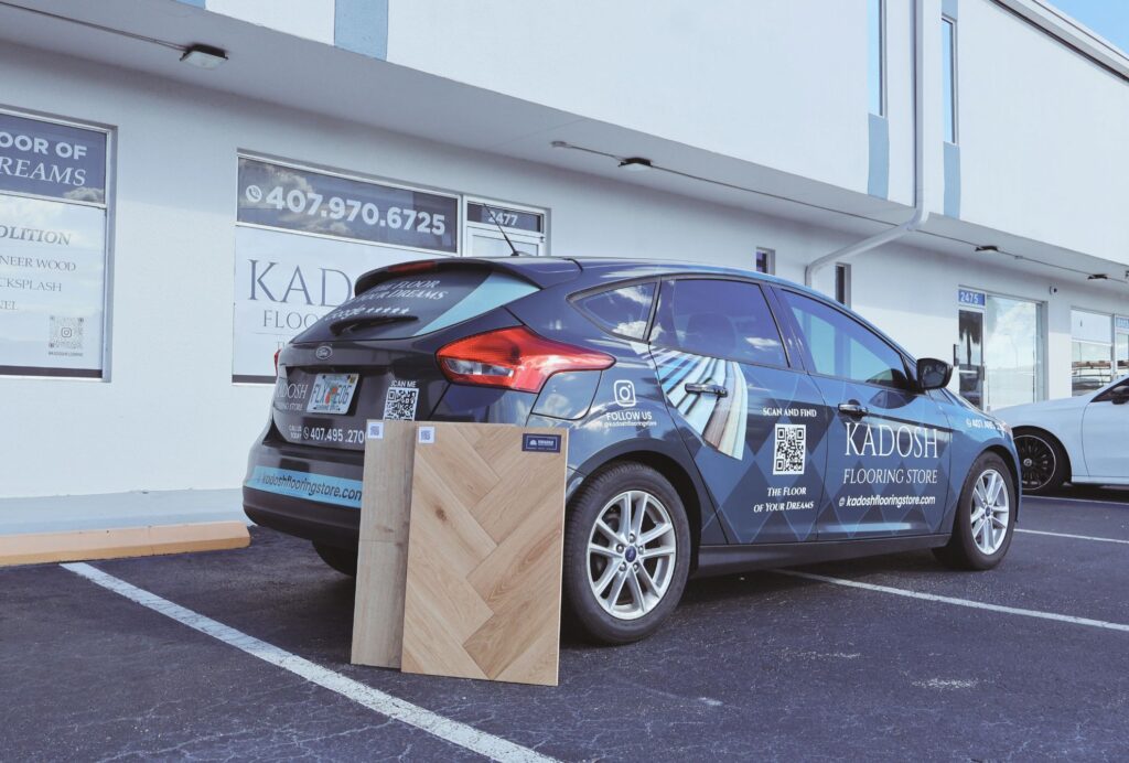 Kadosh Mobile Flooring Showroom van in Orlando bringing flooring samples directly to homeowners for in-home consultation.