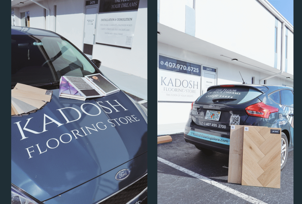 Professional flooring experts from Kadosh Flooring Store showcasing luxury vinyl plank and laminate samples in Central Florida mobile showroom.