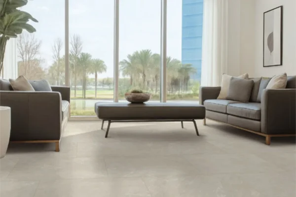 Sleek large format tile minimizes grout lines, creating contemporary visuals.