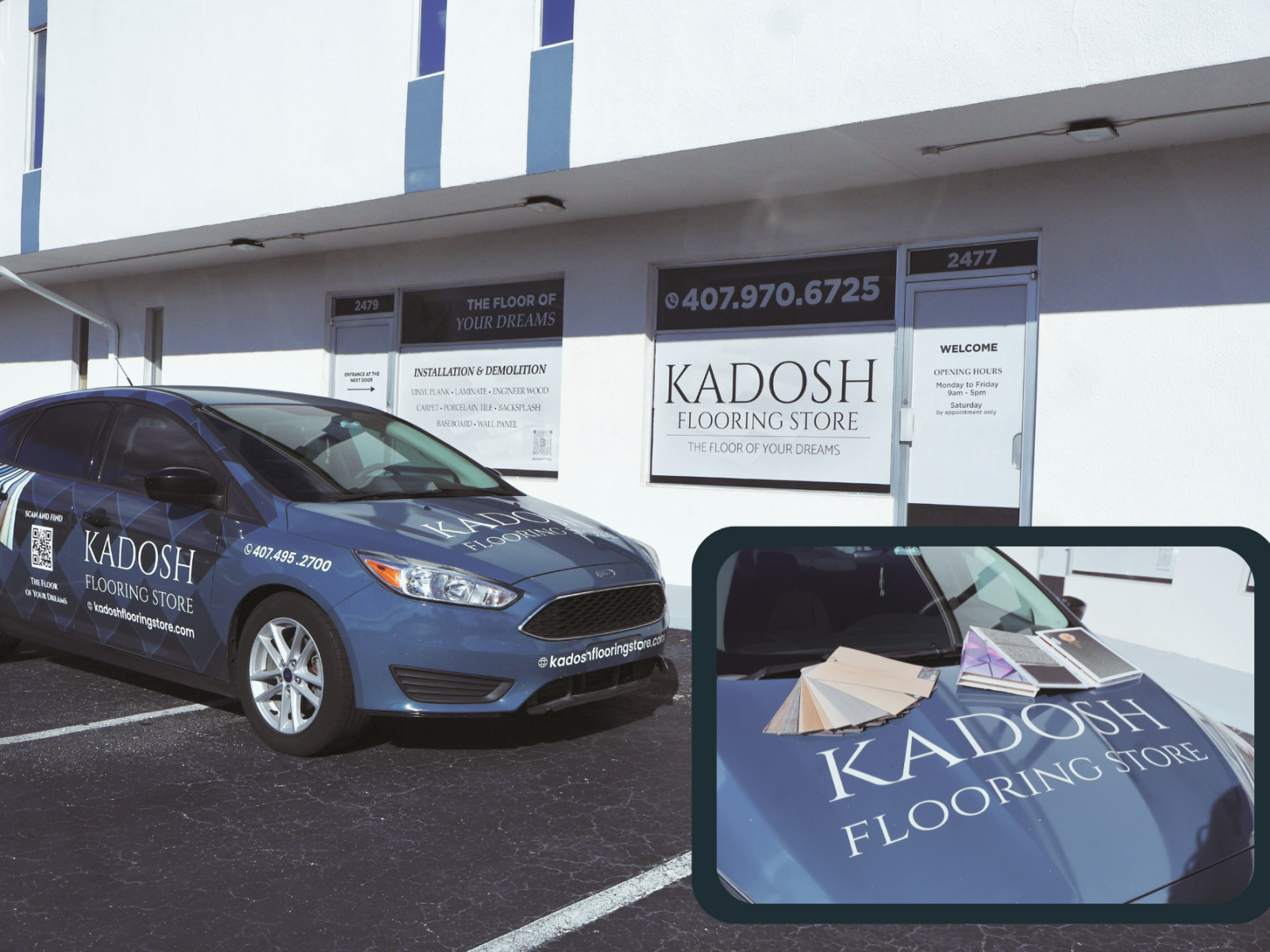 Kadosh Flooring Store branded van delivering vinyl, tile, and engineered wood samples for home renovation projects in Orlando FL.